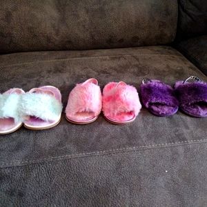 Baby Girl Fuzzy Slide Slippers Size 2, 6-9 months  lot of 3 pair